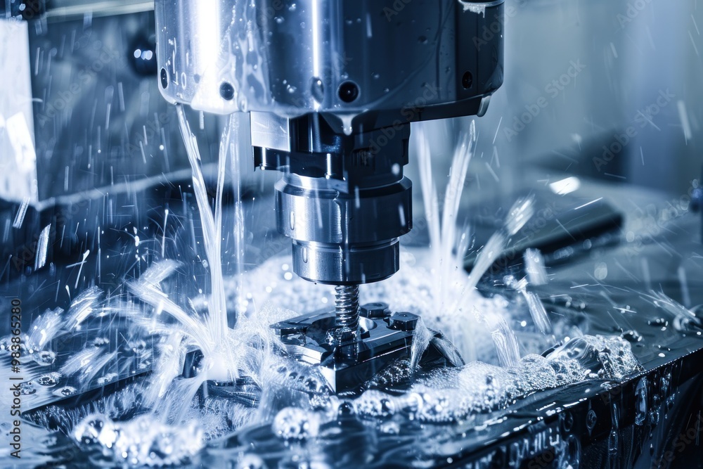 High-speed CNC machine tool with coolant spray. Precision manufacturing and metalworking process. High-speed CNC machine tool with coolant spray. Precision manufacturing and metalworking process.