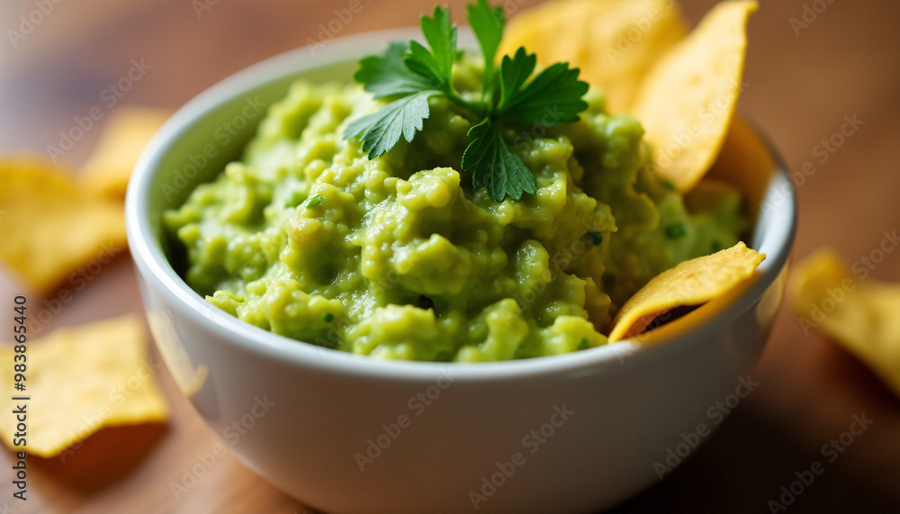 Close-up of a bowl of guacamole, served with tortilla chips and a sprinkle of cilantro. Close-up of a bowl of guacamole, served with tortilla chips and a sprinkle of cilantro.