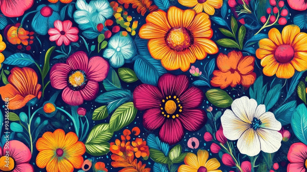 Vibrant illustration featuring decorative hand drawn flowers for floral wallpaper Vibrant illustration featuring decorative hand drawn flowers for floral wallpaper