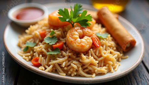 Angled shot of a plate of shrimp fried rice, served with a side of egg rolls and sweet and sour sauce.