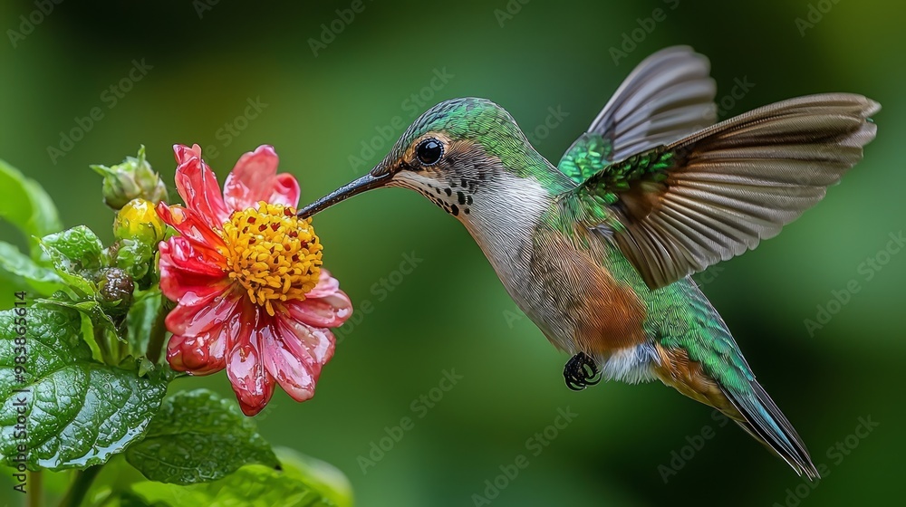 Fototapeta premium Enchanting Hummingbird Feeding on Flower Nectar: Vibrant Colors and Dynamic Wings in Close-up