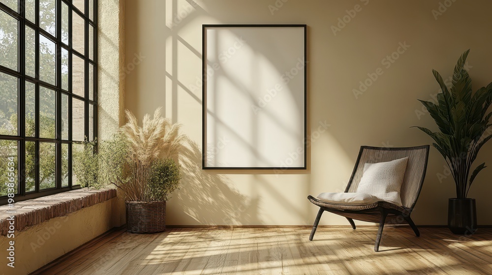 Modern Interior Design Mockup with Black-Framed Poster on Wooden Floor Against Beige Wall and Window Shadow – Realistic 3D Rendering Illustration

