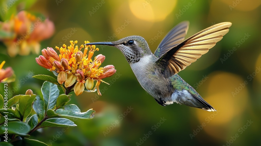 Naklejka premium Vibrant Hummingbird in Motion: Captivating Close-up of a Hummingbird Sipping Nectar with Blurred Wings Movement
