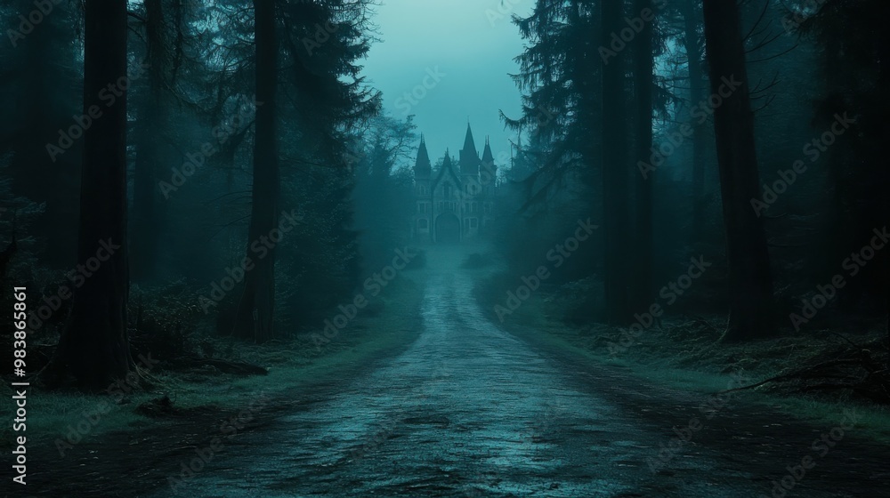 Fototapeta premium A long, winding road leading through a dark forest, lined with dead trees. In the distance, the outline of a haunted mansion is barely visible through the fog, leaving space in the foreground for copy
