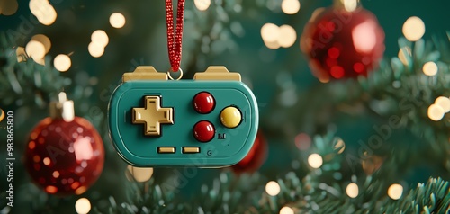 A colorful Christmas ornament shaped like a video game controller hanging on a festive tree, celebrating holiday cheer. photo