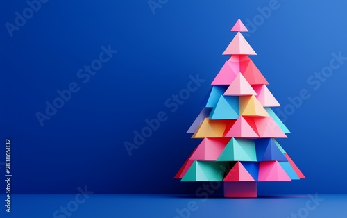A colorful geometric Christmas tree made of paper triangles, standing against a vibrant blue background, ideal for holiday themes.