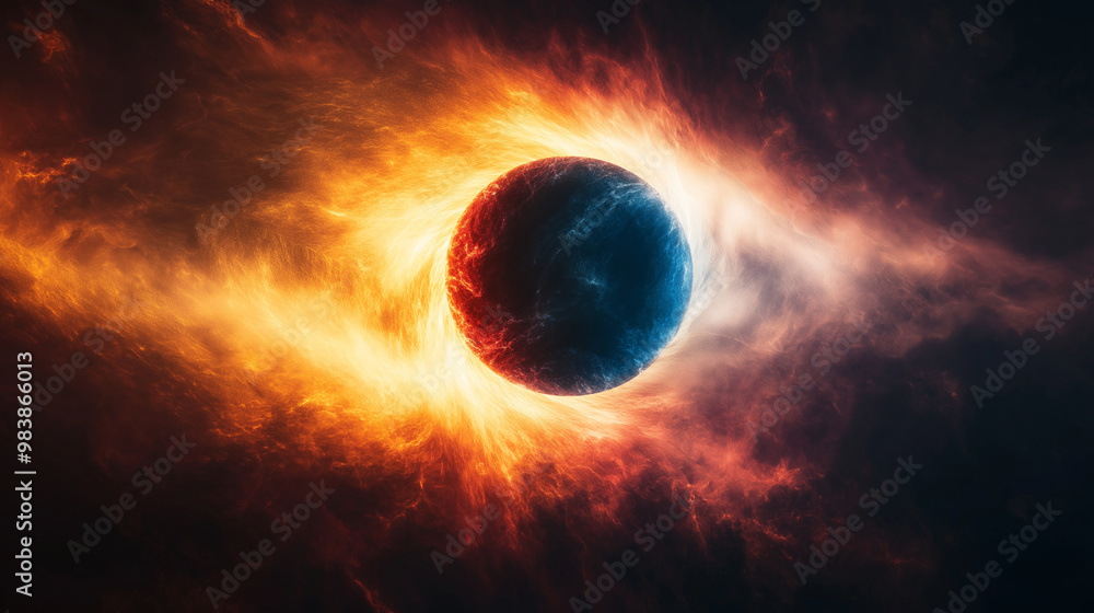 Solar Eclipse Fusion, a design showing the merging of day and night with an abstract solar eclipse at the center, with copy space, The September Equinox Solar Eclipse Fusion, a design showing the merging of day and night with an abstract solar eclipse at the center, with copy space, The September Equinox