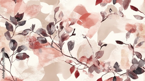 Abstract watercolor brush drawing of flowers leaves and branches in a seamless pattern featuring a geometric camouflage background