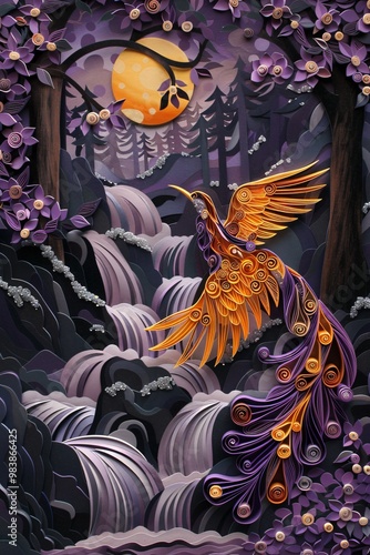 Artistic Paper Bird in Purple and Blue Hues Next to a Waterfall