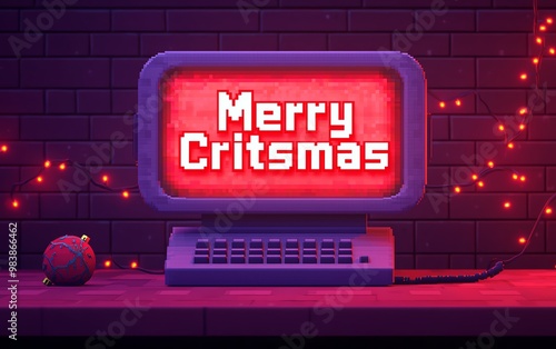 A vintage computer display showcasing a playful 'Merry Critsmas' message, surrounded by festive lights and holiday decorations. photo