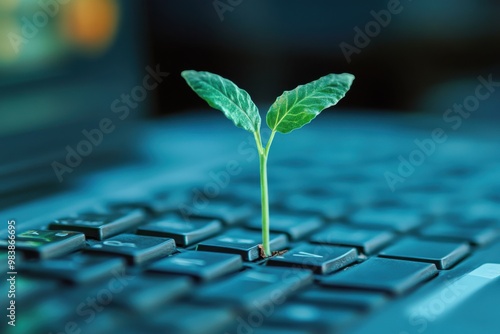 A digital-themed image where a small, green seedling is sprouting from a laptop keyboard