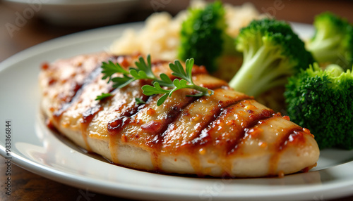 Angled shot of a plate of grilled chicken breast, served with a side of steamed broccoli and rice.