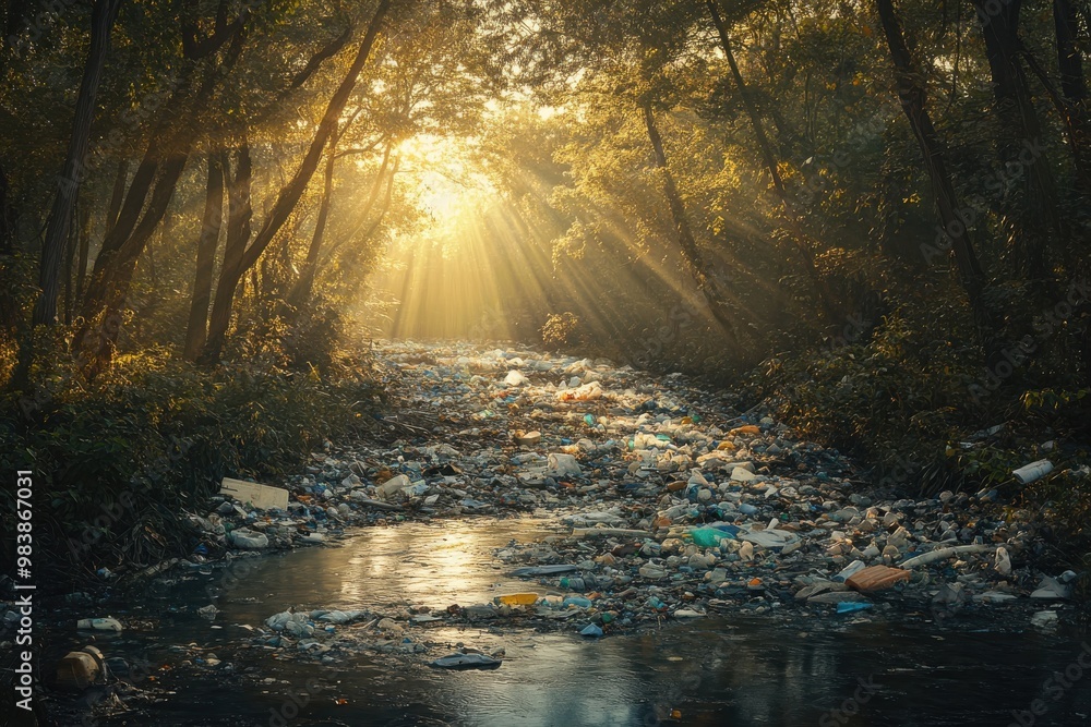 Fototapeta premium A distressing image of a river filled with plastic waste,