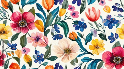 Watercolor floral pattern tile featuring flowers tulips and leaves Traditional hand painted whimsical seamless print with an abstract batik design