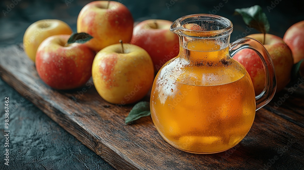 Freshly Made Apple Juice in a Glass Pitcher with Apples on Wooden Table Freshly Made Apple Juice in a Glass Pitcher with Apples on Wooden Table