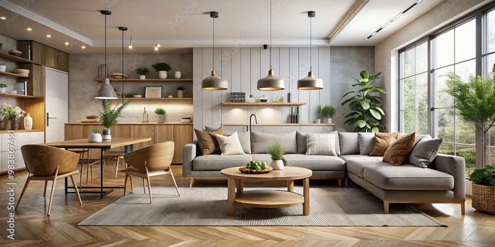 Sleek and modern, this Scandinavian interior features a neutral color palette, natural textures, and minimalist Sleek and modern, this Scandinavian interior features a neutral color palette, natural textures, and minimalist