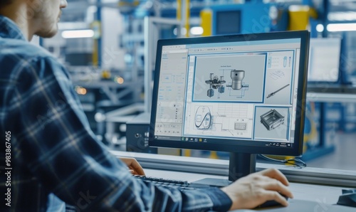 Engineer working on 3D CAD software in an industrial setting. Designing mechanical parts on a computer.