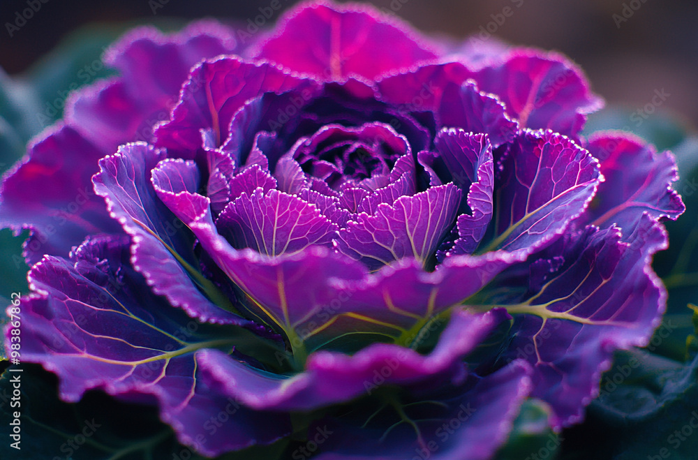 close-up shot of an ornamental cabbage with vibrant purple leaves and intricate patterns
close-up shot of an ornamental cabbage with vibrant purple leaves and intricate patterns