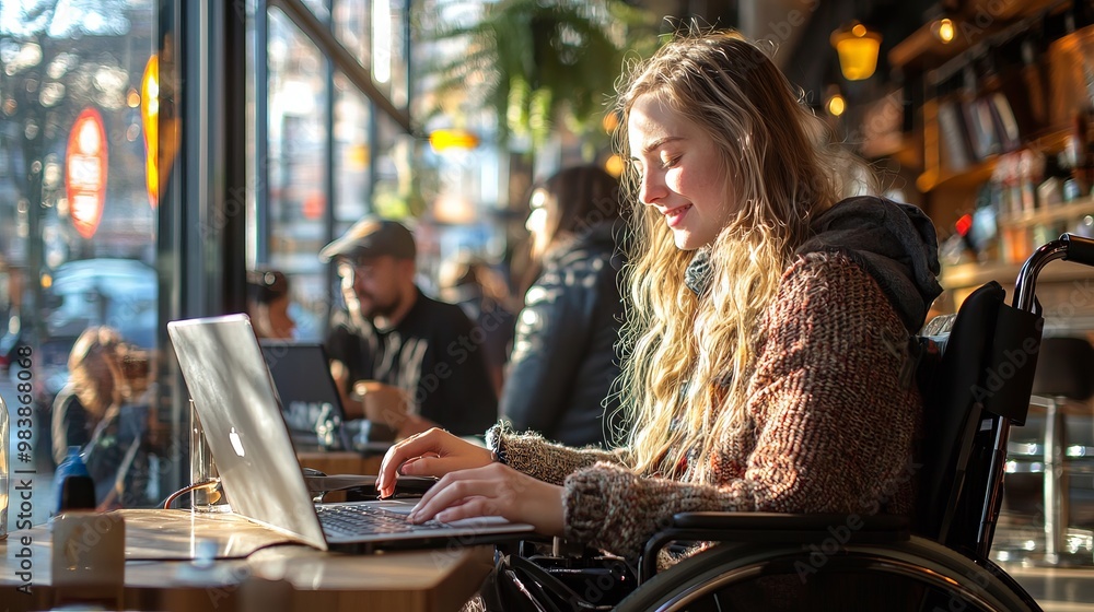 Young woman in wheelchair using a laptop in a modern coffee shop with natural light Young woman in wheelchair using a laptop in a modern coffee shop with natural light