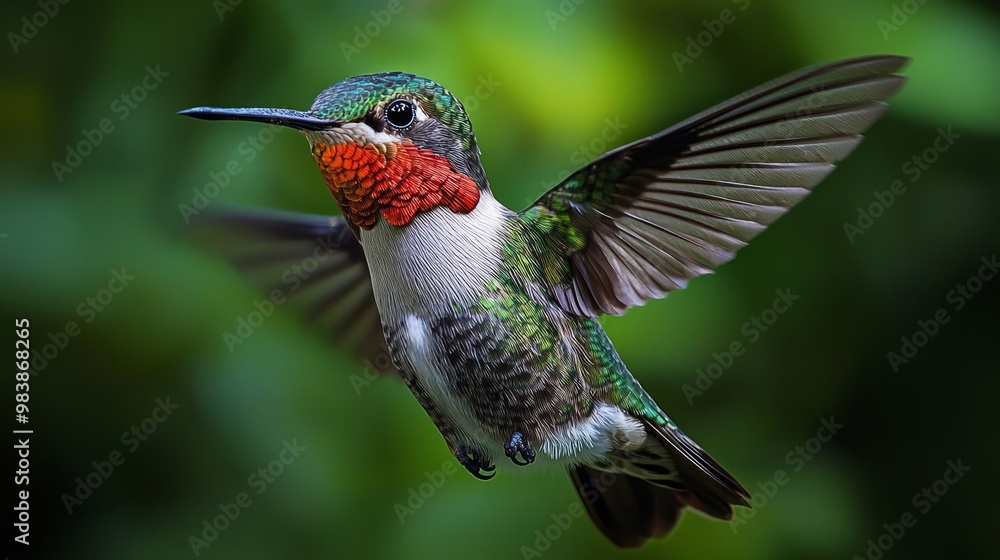 Fototapeta premium Vibrant Ruby-Throated Hummingbird Feeding with Rapid Wing Movement