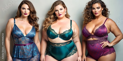 Soft, bold garments with delicate lace trim adorn a plus-size woman's figure, emphasizing curves in a sensual display photo