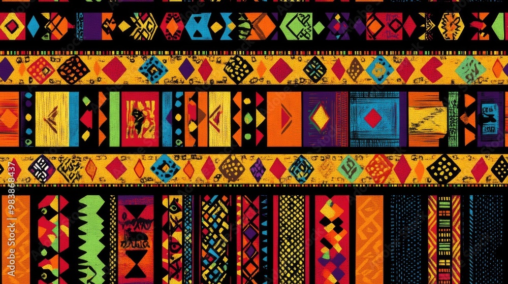 African kente cloth patchwork border pattern Seamless geometric quilt fabric edging Repetitive boho rug trim design Endless band with safari shirt motif African kente cloth patchwork border pattern Seamless geometric quilt fabric edging Repetitive boho rug trim design Endless band with safari shirt motif