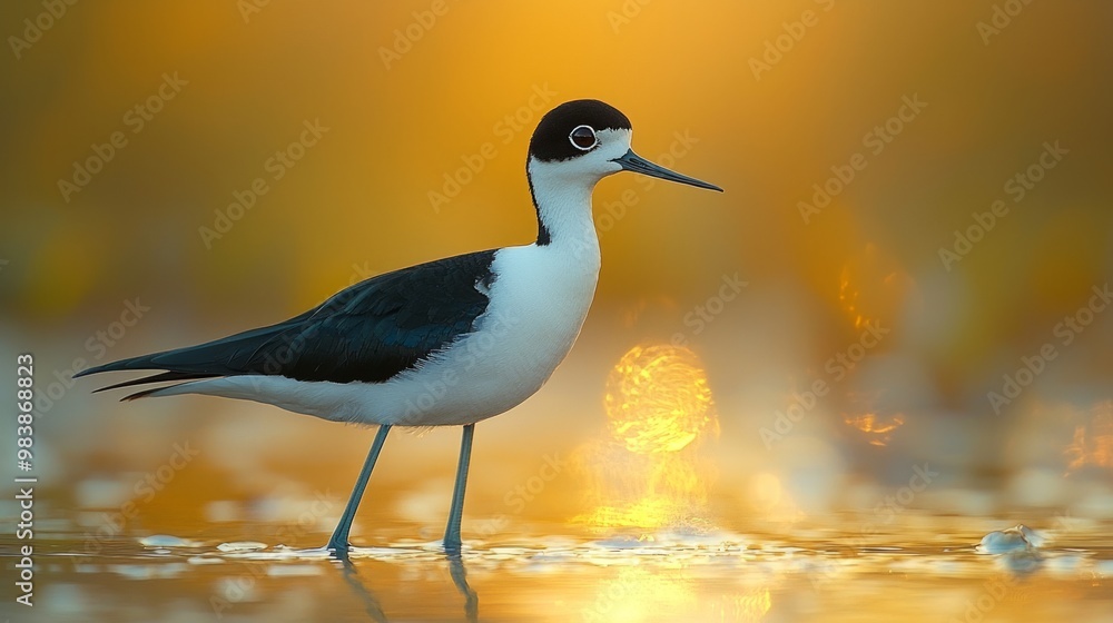 Obraz premium Striking Black-Necked Stilt in Shallow Waters: Hyper-Realistic Nature Close-up of Exotic Bird with Long Legs and Unique Plumage