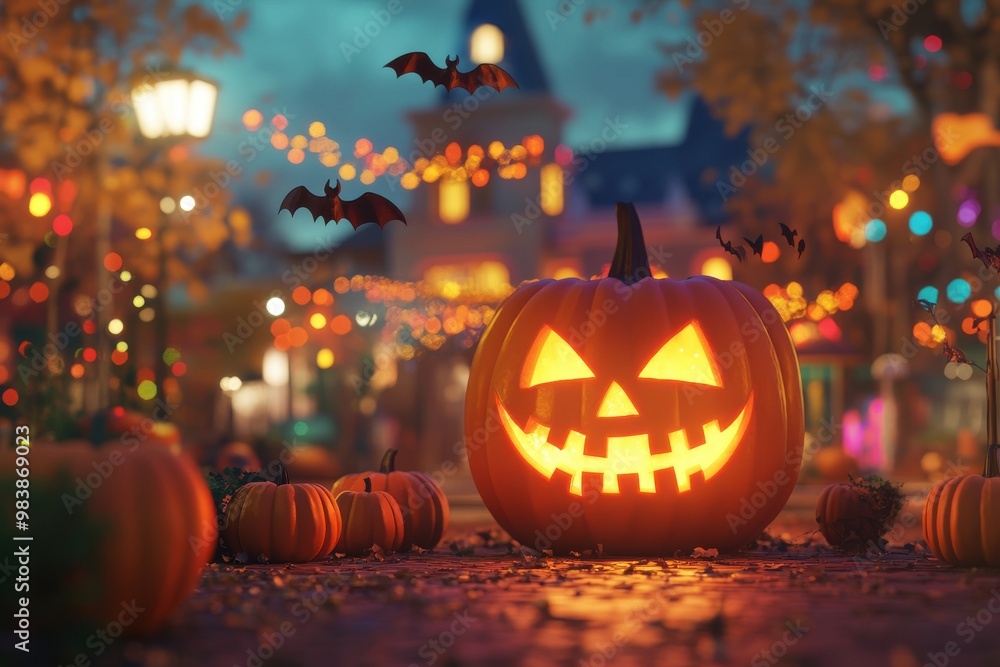 A glowing Jack-o'-lantern with a classic carved face sits in the foreground A glowing Jack-o'-lantern with a classic carved face sits in the foreground