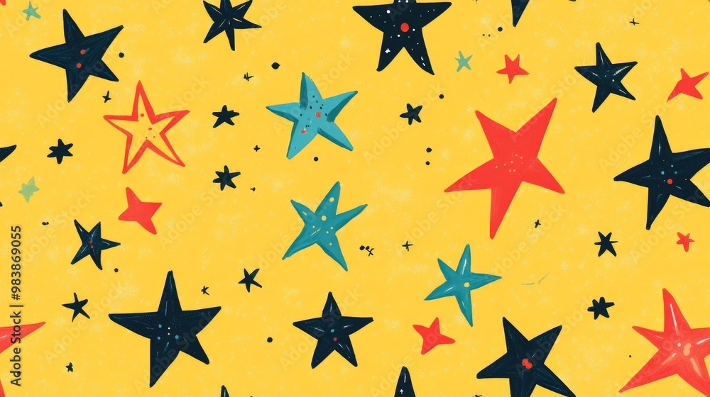 Bright stars set against a yellow backdrop seamless pattern