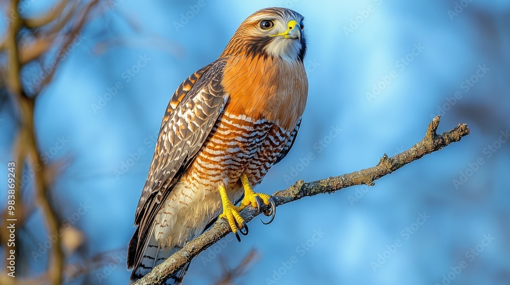 Majestic Red-Shouldered Hawk Perched on Branch in Vivid Blue Sky - Wildlife Photography Majestic Red-Shouldered Hawk Perched on Branch in Vivid Blue Sky - Wildlife Photography