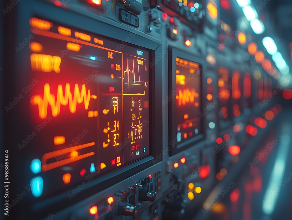 Close-up of advanced medical monitors displaying vital signs with vibrant red and orange graphs, showcasing technology in healthcare. Close-up of advanced medical monitors displaying vital signs with vibrant red and orange graphs, showcasing technology in healthcare.