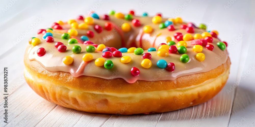 Sweet and indulgent, glazed ring-shaped pastries burst with flavor, generously topped with a rainbow of multicolored Sweet and indulgent, glazed ring-shaped pastries burst with flavor, generously topped with a rainbow of multicolored