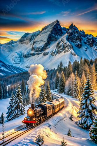 A vintage train winding through snow-covered mountains at sunrise. Ideal for nostalgic themes, travel brochures, holiday posters, or historical book covers.