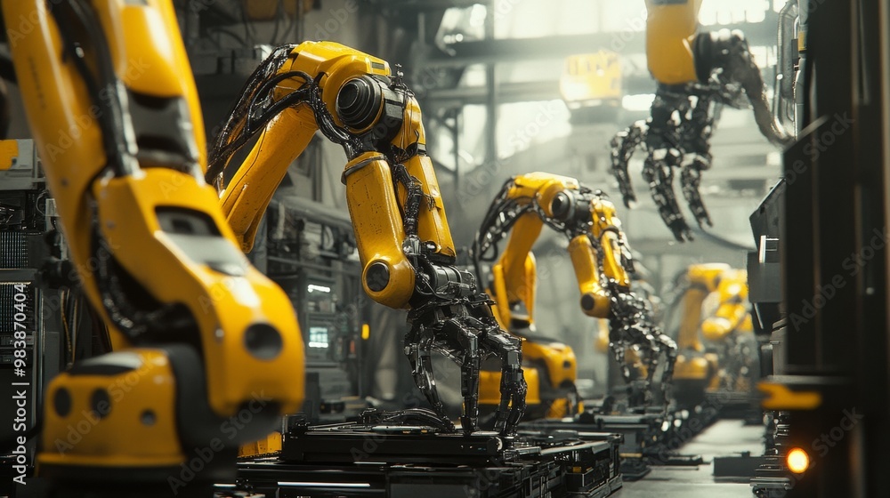 Photo of a robot arm in an industrial factory Assembly line with yellow robots working on black metal parts. Photo of a robot arm in an industrial factory Assembly line with yellow robots working on black metal parts.