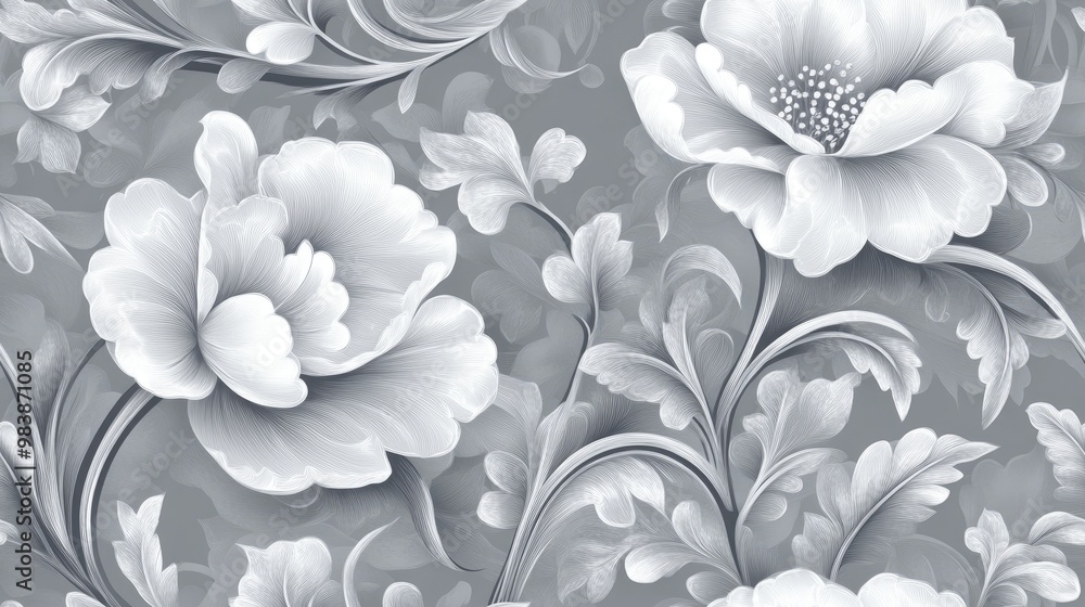 Classic seamless raster pattern Floral brocade textile design featuring glass elements and a floral motif on a gray background with subtle accents Classic seamless raster pattern Floral brocade textile design featuring glass elements and a floral motif on a gray background with subtle accents