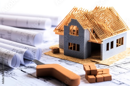 A miniature model of a house under construction is placed