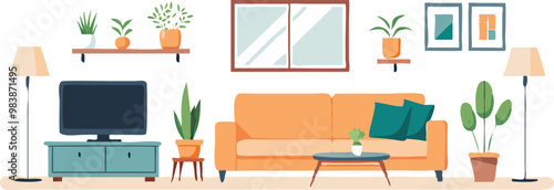Modern Interior Design with Sofa Set Flat Vector Isolated