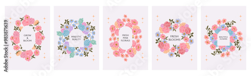 Set of hand drawn vintage botanical flower frames and wreaths with rose, peony, daisy florals for spring, summer, autumn greeting card, wedding invitation, decorations