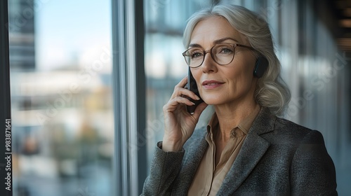 Senior Woman in Glasses Talking on Phone by Window