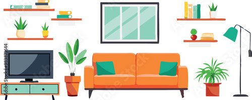 Modern Interior Design with Sofa Set Flat Vector Isolated