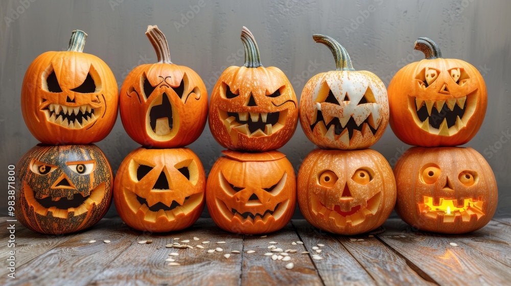 Nine creatively carved Halloween pumpkins lined up, showcasing unique expressions and designs in festive spirit. Generative AI Nine creatively carved Halloween pumpkins lined up, showcasing unique expressions and designs in festive spirit. Generative AI
