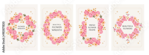 Set of hand drawn vintage botanical flower frames and wreaths with rose, peony, daisy florals for spring, summer, autumn greeting card, wedding invitation, decorations