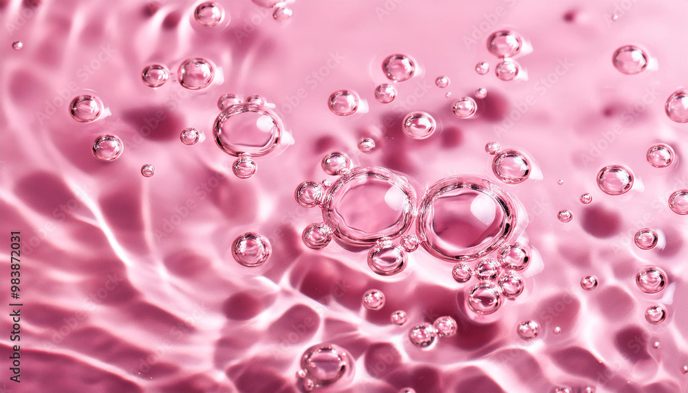 Pink water bubbles on the surface ripples. Defocus blurred transparent pink colored clear calm water surface texture with splash and bubbles. Pink water bubbles on the surface ripples. Defocus blurred transparent pink colored clear calm water surface texture with splash and bubbles.