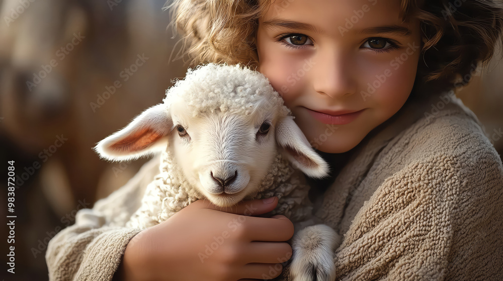Child hugging a cute lamb, warm expression, soft background, joyful moment. Child hugging a cute lamb, warm expression, soft background, joyful moment.