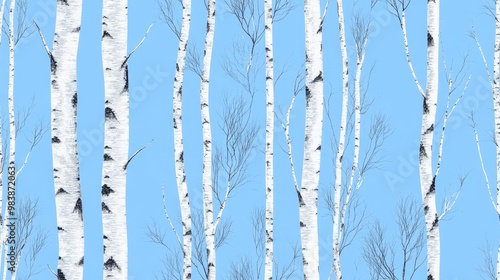 Seamless pattern of birch trees on a blue background photo