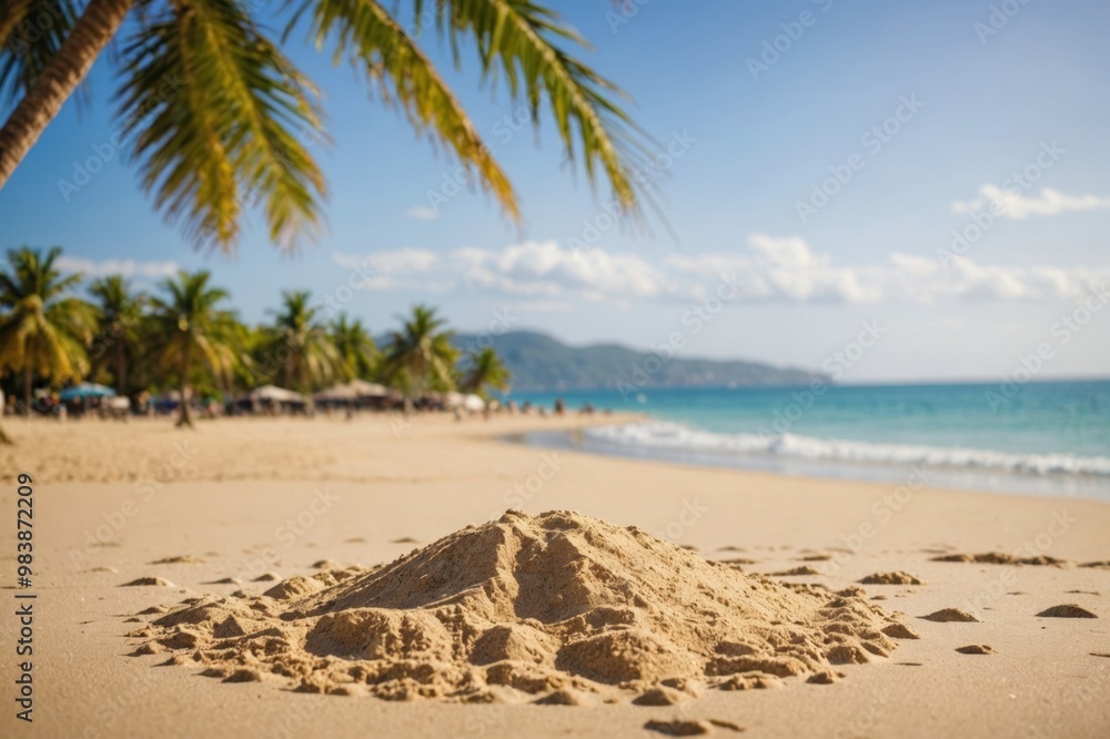 sand with blurred palm and tropical beach bokeh background, summer vacation and travel concept sand with blurred palm and tropical beach bokeh background, summer vacation and travel concept