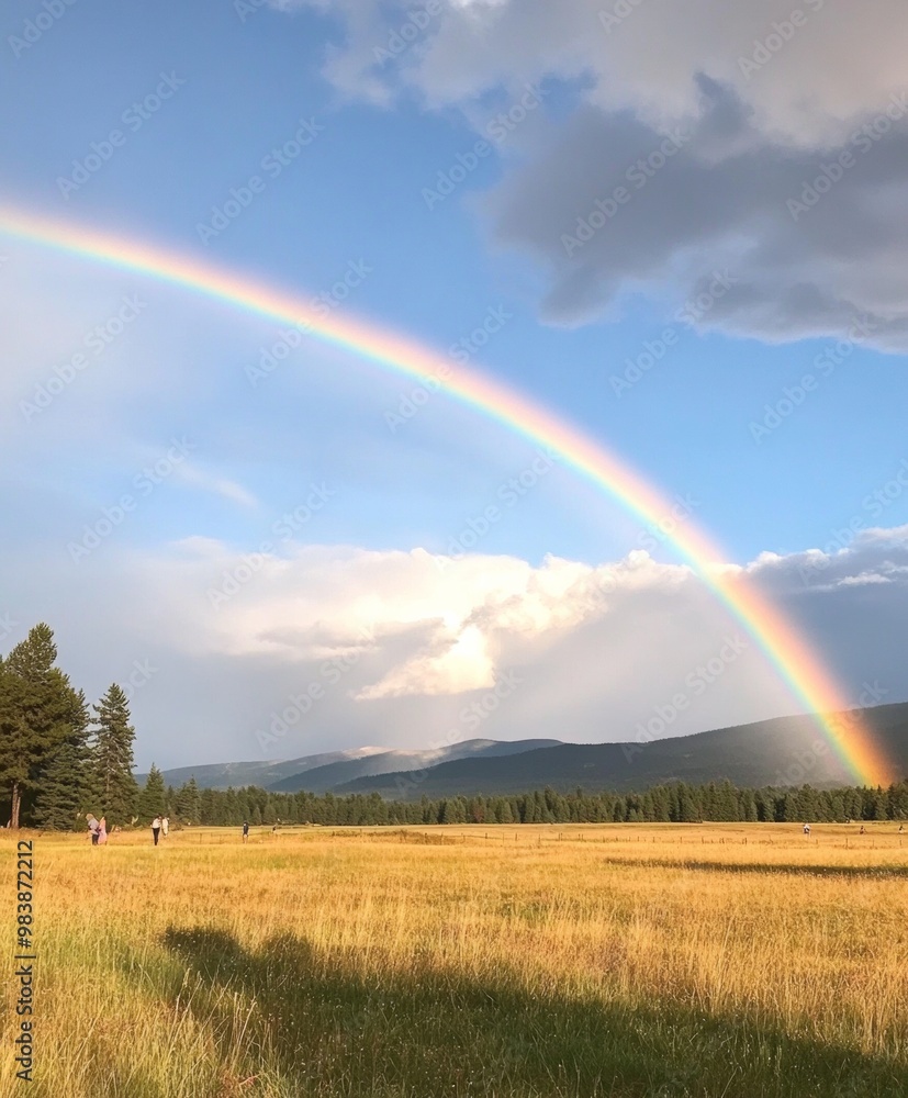Morning Rainbow Over Field Vibrant Landscape with People Admiring Natures Beauty Morning Rainbow Over Field Vibrant Landscape with People Admiring Natures Beauty