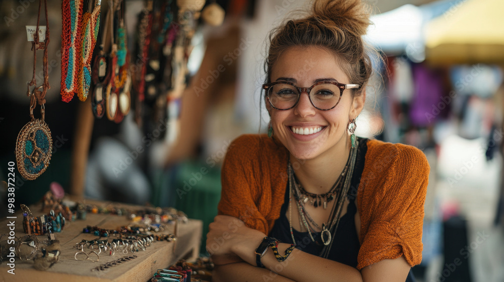 Joyful handmade product business owner at a market stall, proudly displaying their handmade jewelry and art pieces Joyful handmade product business owner at a market stall, proudly displaying their handmade jewelry and art pieces