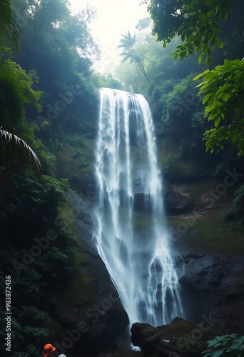 A waterfall in the jungle with a tree in the background
