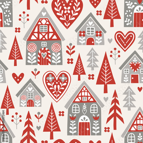 Seamless vector pattern with cute Scandinavian gingerbread houses and trees. Hand drawn Christmas gingerbread village. EPS 10 vector file. Perfect for textile, wallpaper or print design.